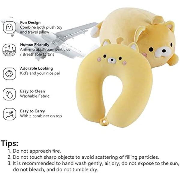 JOYRAVO Kids Travel Pillow - 2-in-1 Deformable Neck Pillow, Soft U-Shaped Pillow with Cute Plush Animals Comfy Sleep and Play Companion for Airplanes, Cars, and Travel - Yellow Bear