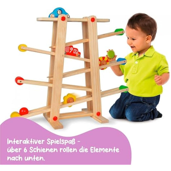 Eichhorn Wooden Marble Run Game | Marble Run for Kids with Colourful Cars and Bright Shapes | Multi-level Play | For Ages 1+