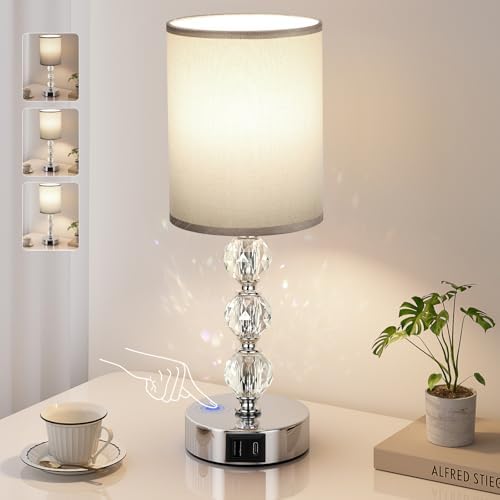 Aooshine Touch Table Lamp, Crystal Grey Bedside Lamps with 3 Way Dimmable, Small Bedside Lamp with USB C+A Charging Ports, Bedroom Lamps with Grey Fabric Shade for Living Room (LED Bulb Included)
