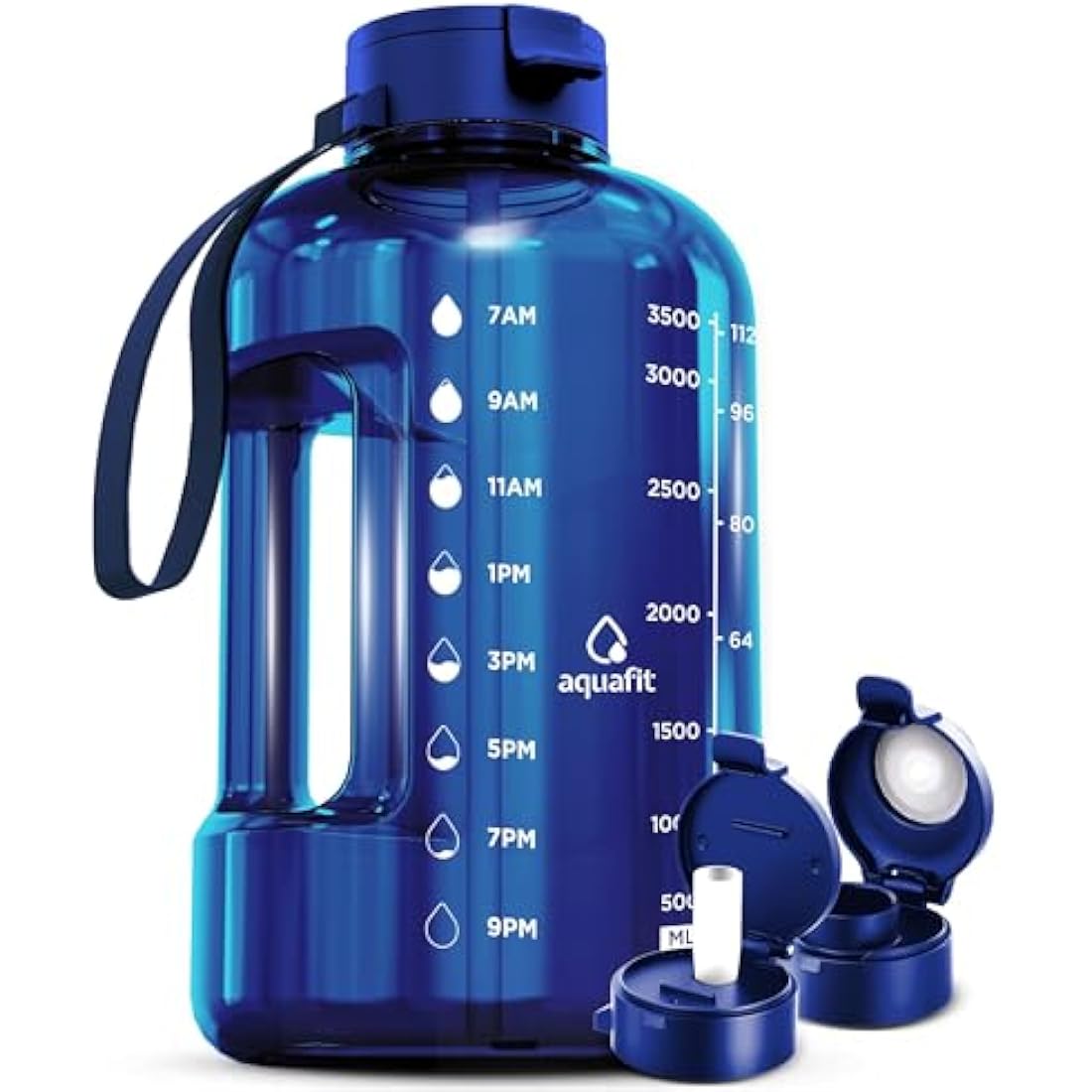 AQUAFIT 4 Litre Water Bottle with Straw - Water Bottle 4L with Time Marker - One Gallon Big Bottle with Straw - Large Bottle For Gym - 2 Lids, Dark Blue
