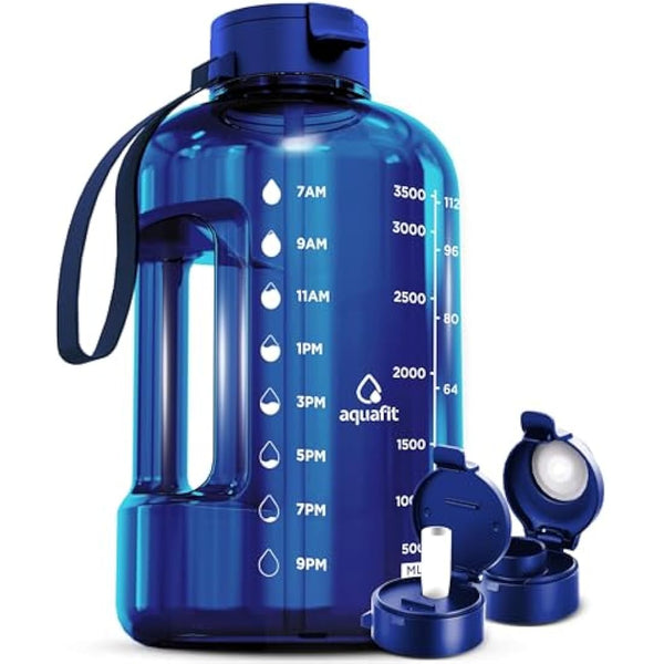 AQUAFIT 4 Litre Water Bottle with Straw - Water Bottle 4L with Time Marker - One Gallon Big Bottle with Straw - Large Bottle For Gym - 2 Lids, Dark Blue