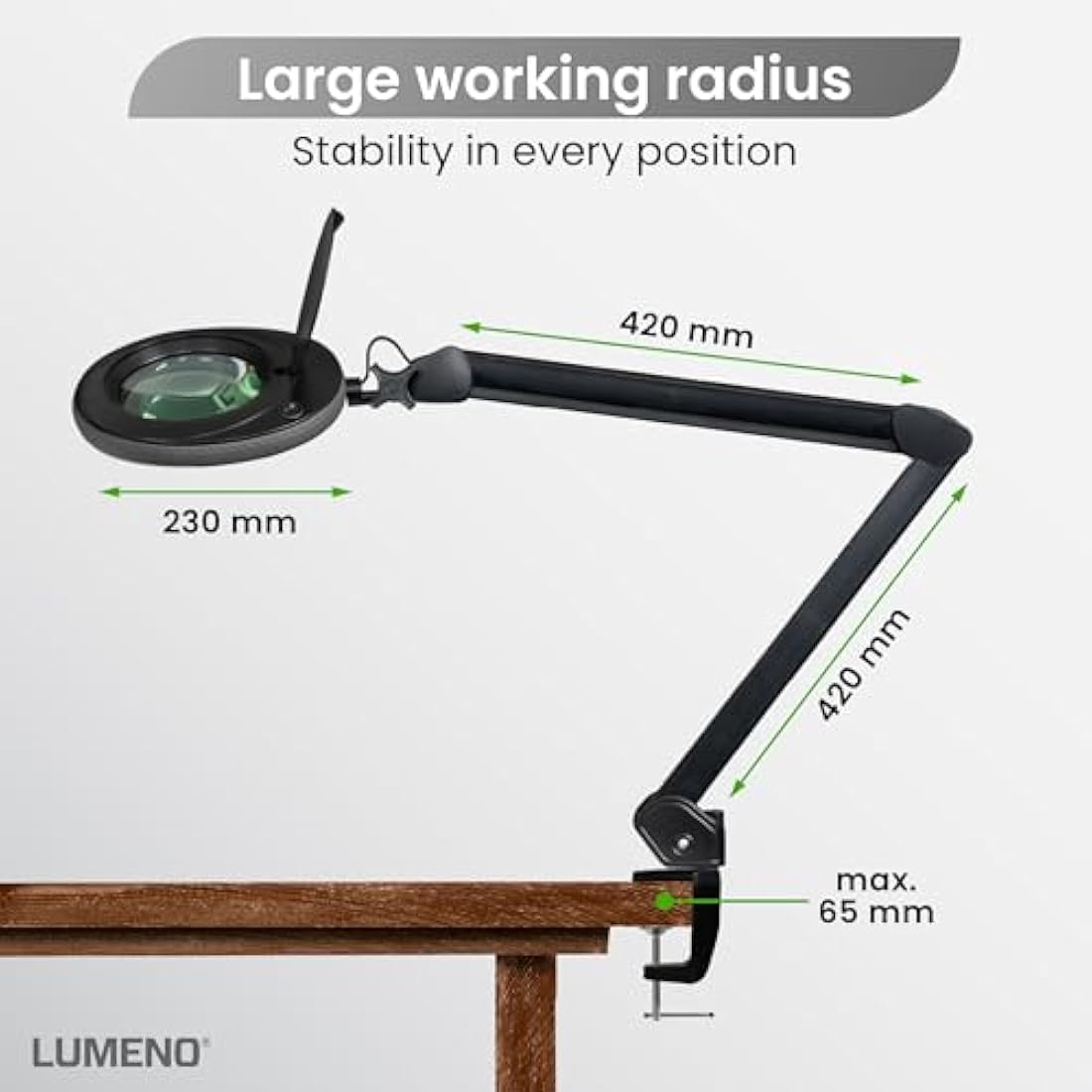Lumeno 7213SW LED Magnifying lamp, 127 mm Glass Lens, 950 Lumen, 3 diopters, Workstation & Cosmetic lamp, for Beauty Salon, hobbyist, as Reading aid, Magnifying Glass with Table clamp