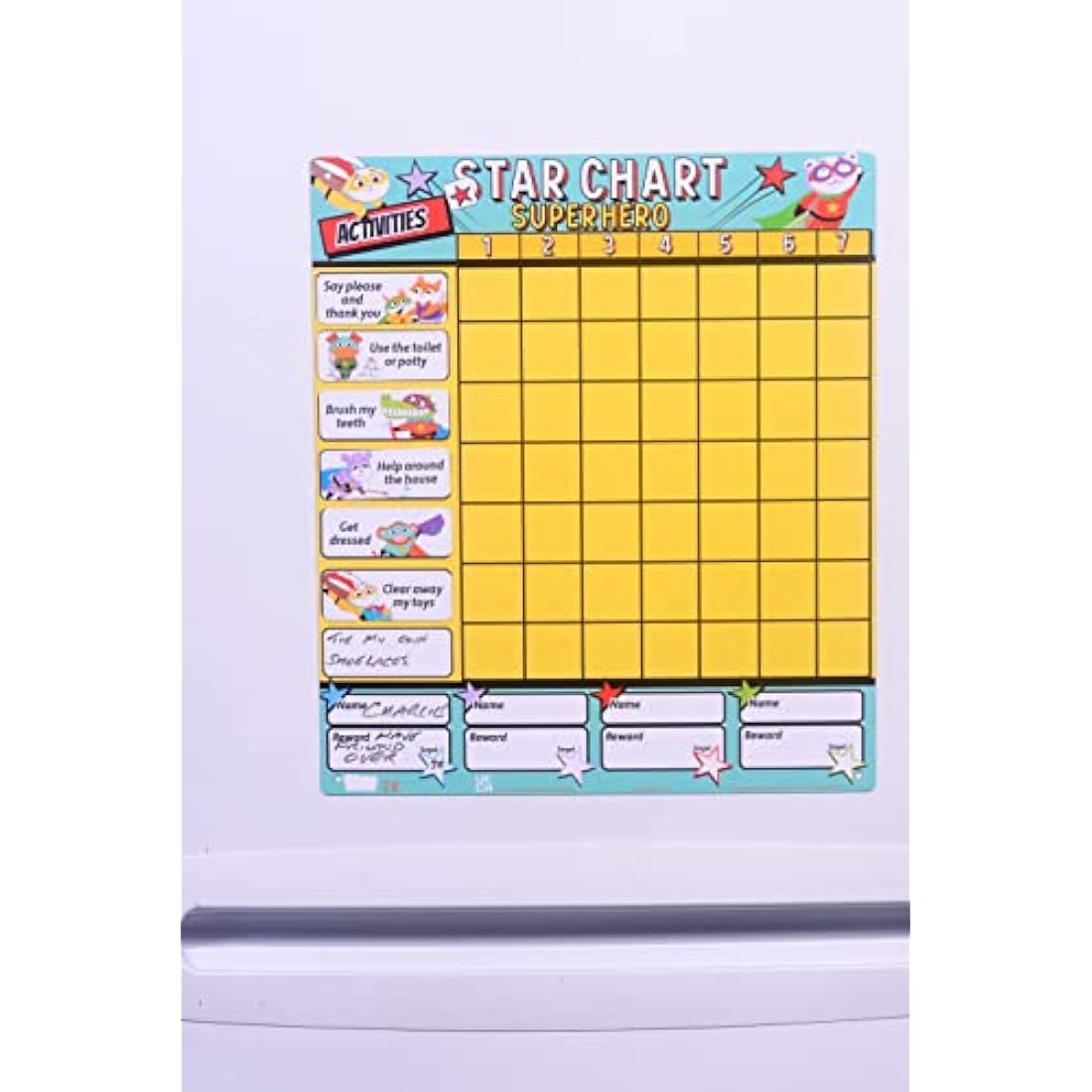 Fiesta Crafts Superhero Star Reward Chart - Magnetic Chore Board for Kids & Toddlers - Colour-Coded & Tracks Up to 4 Children to Encourage Good Behaviour - 200+ Stars, 19 Activity Suggestions, & Pen