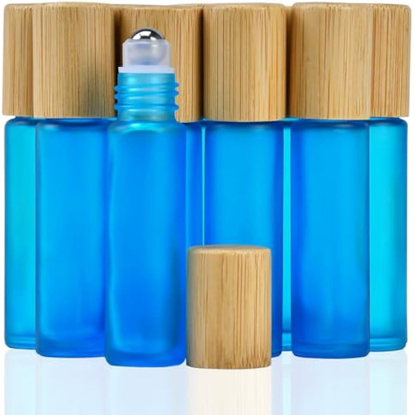 Frosted Essential Oils Roller Bottles, 10pcs Refillable Empty Glass Bottles with Stainless Steel Balls and Bamboo Lid (Blue)