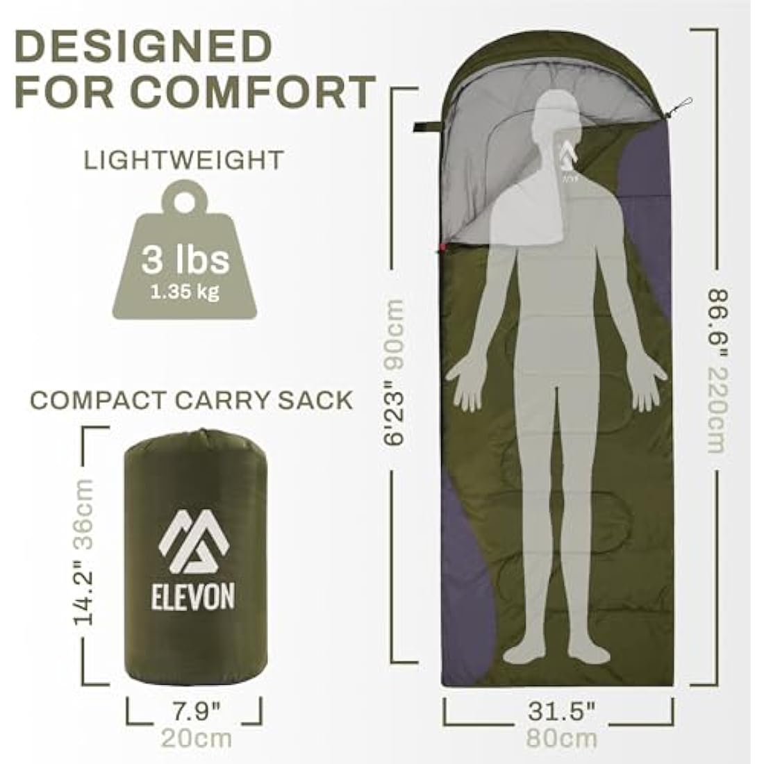 Elevon Sleeping Bag for Adults Teens Kids Cold Warm Weather, Portable Waterproof & Lightweight, Compact with Compression Sack, for 3-4 Seasons Camping, Backpacking, Hiking, Travel, Indoors Outdoors