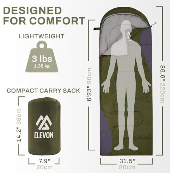 Elevon Sleeping Bag for Adults Teens Kids Cold Warm Weather, Portable Waterproof & Lightweight, Compact with Compression Sack, for 3-4 Seasons Camping, Backpacking, Hiking, Travel, Indoors Outdoors