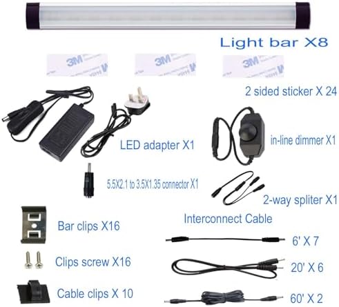 AIBOO Under Cabinet Lights Kit LED Rigid Bar with Dial Dimmer Switch for Kitchen Cupboard Closet Lighting (2700K Warm White, 8 Panels)