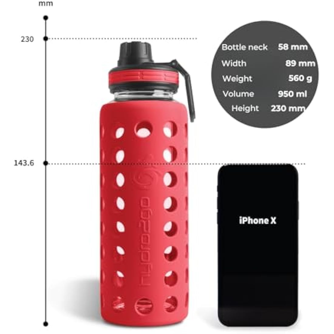 hydro2go Glass Water Bottle with Silicone Sleeve – 100% Leak-Proof, BPA-Free, Dishwasher Safe, 2 Replaceable Lids – Perfect for Office, Fitness, Yoga, Sports & Outdoors (Urban Red 2.0) – 950 ml