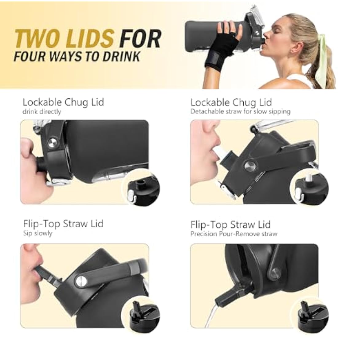 HYDRAGLAZIC 2L Glass Water Bottle with 2 Lids Flip and Chug Lids 2 Liter Large Water Jug with Time Marker and Silicone Sleeve BPA Free Leak-proof for Sports Gym, Black