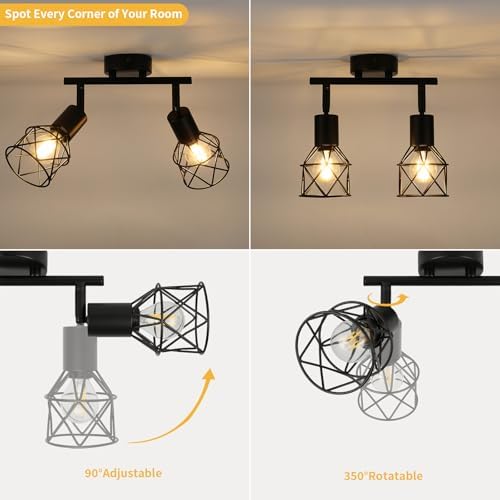 FORCOSO Ceiling Lights Spotlight, 2 Way Spot Lights 350°Adjustable, E14 Base Black Light Shade Metal Wire Cage Light Fittings, Industrial Wall Ceiling Lamp for Kitchen Living Room Hallway Bedroom