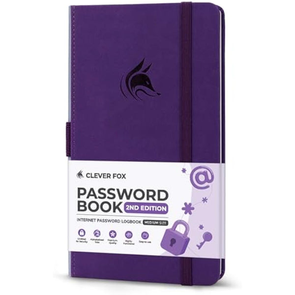 Clever Fox Password Book 2nd Edition – Hardcover Password Keeper with Laminated Alphabetical Tabs – Internet Address Notebook & Login Details Organizer Journal – 10.4x19.3cm (Purple)