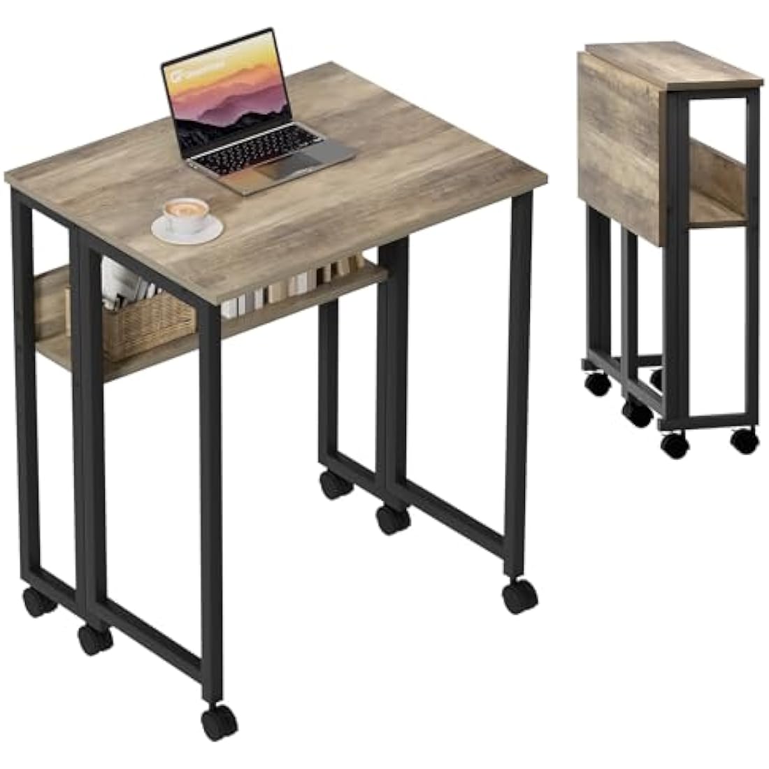 GreenForest Small Folding Desk with Storage Shelf,80 cm Computer Rolling Desk on Wheels Easy Assembly,Foldable desk for Small Space,Grey Wash