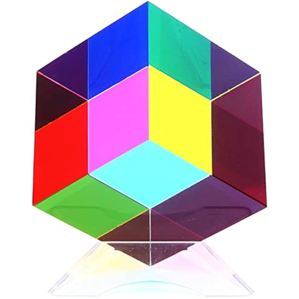 iKeelo Colour Cube (60mm) with Stand -Cyan, Magenta & Yellow Cube - Illustrates Subtractive Colour Model - Novelty Educational STEM Toy for Birthdays and Christmas