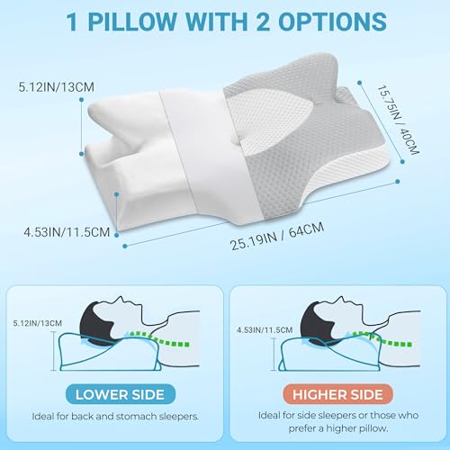 Elviros Cervical Memory Foam Pillow for Neck Pain Orthopedic Neck Pillow for Shoulder Pain Ergonomic Head Neck Support Pillow for Side/Back/Stomach