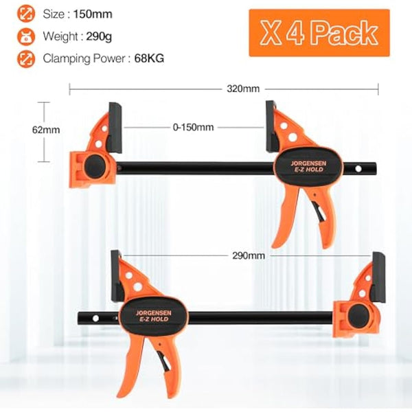 JORGENSEN 150 mm Woodworking Clamps 4-Pack, Splicable to 400 mm Ratchet Bar Clamps, Quick Release Clamp Set, 290 mm Spreader, One Handed Wood Clamp, Max 68 kg Load Limit