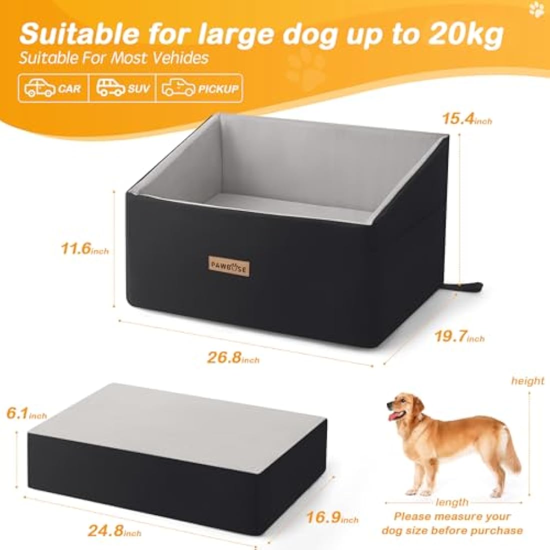 Firepaw firepaw Car Dog Seat for Large Dog, Dog Booster Seat for Dogs Under 55Lbs or 2 Small Dogs, Detachable and Washable Travel Dog Bed with Thick Cushion and Storage Pockets (Large, Black)