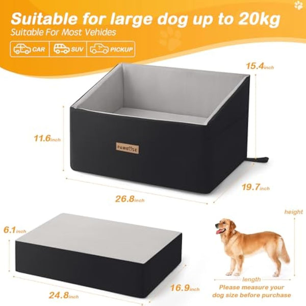 Firepaw firepaw Car Dog Seat for Large Dog, Dog Booster Seat for Dogs Under 55Lbs or 2 Small Dogs, Detachable and Washable Travel Dog Bed with Thick Cushion and Storage Pockets (Large, Black)