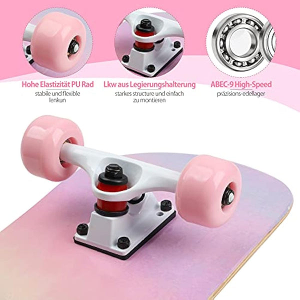 ILAHUI Skateboard for Teenagers, Girls, Adults, Beginners - 7 Layers Maple Wood Deck 80 x 20 cm - Rainbow Powder