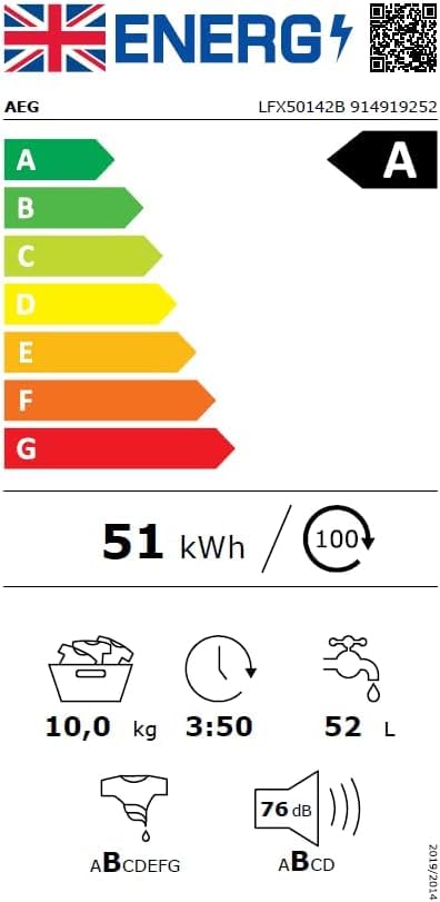 AEG 5000 Series Freestanding Washing Machine LFX50942B, Front Loading Full Size, 9kg, 1400 rpm, AntiAllergy Program, Quick Wash, TimeSave to Adjust Washing Cycles, Class A, White