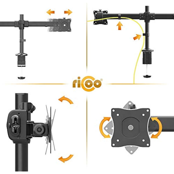 RICOO Dual Monitor Stand Tilt TS6211 Swivel 13-27 Inch VESA 75x75 100x100 Double Arm Mounting System LED LCD Screen Desk Mount Black