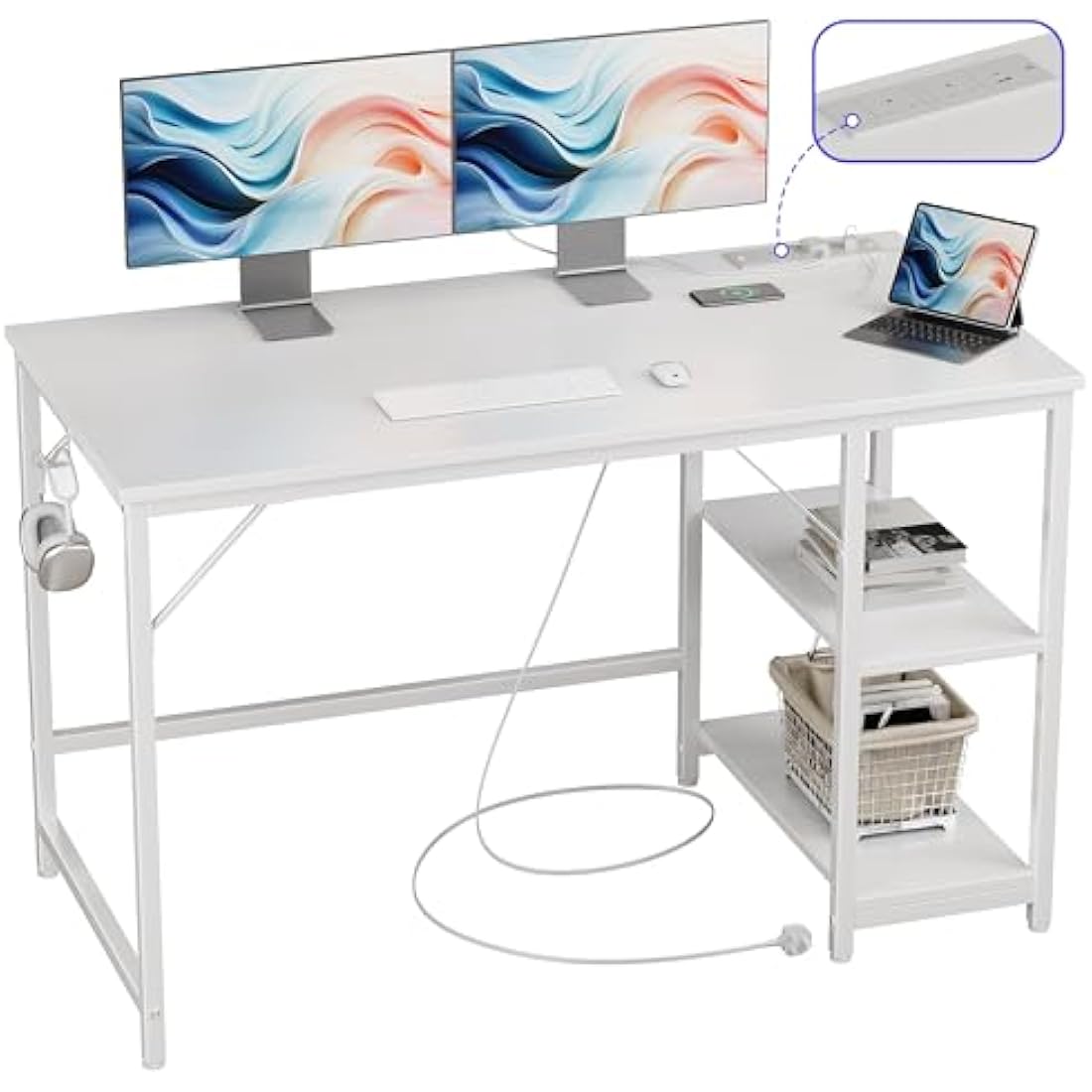 JOISCOPE Computer Desk, 120cm Office Desk With Power Outlets, USB & Type-C and 2 Shelves, Modern White With Hook, Study Table for Writing, Small for Bedroom Home Office