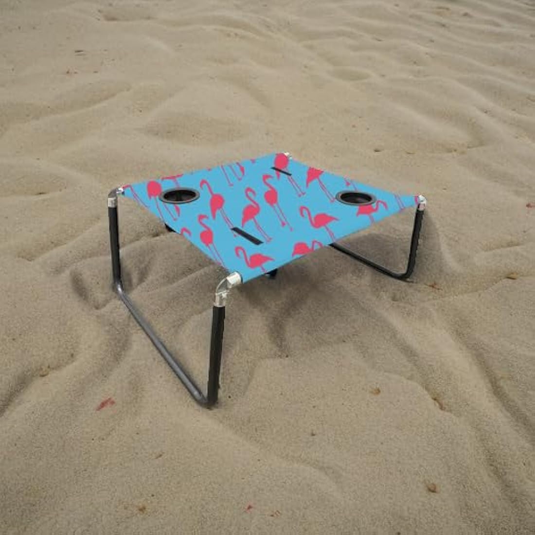 Neso Portable Beach Table with Cup Holders, Cell Phone Pockets, Lightweight for Picnics and Parks (Flamingos)