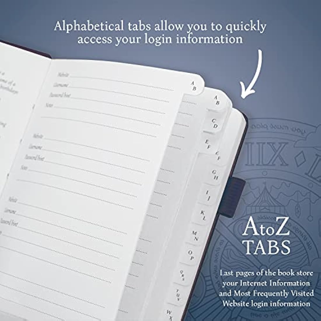 Legend Planner Password Book with Alphabetical tabs. Internet Address Keeper Logbook. Journal for Website Logins, Medium 13x19.5cm (Mystic Blue)