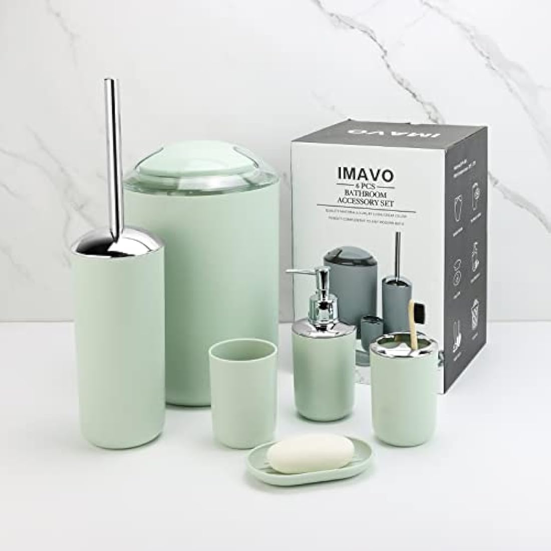 IMAVO Bathroom Accessory Set - 6 Piece Green Bathroom Accessories Set with Trash Can, Soap Dispenser, Soap Dish, Toothbrush Holder & Cup, Toilet Brush Holder, Bathroom Decor Sets Accessories Complete