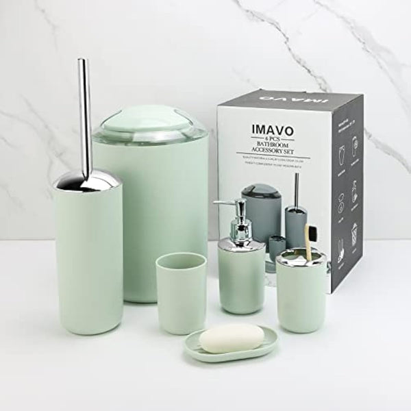 IMAVO Bathroom Accessory Set - 6 Piece Green Bathroom Accessories Set with Trash Can, Soap Dispenser, Soap Dish, Toothbrush Holder & Cup, Toilet Brush Holder, Bathroom Decor Sets Accessories Complete