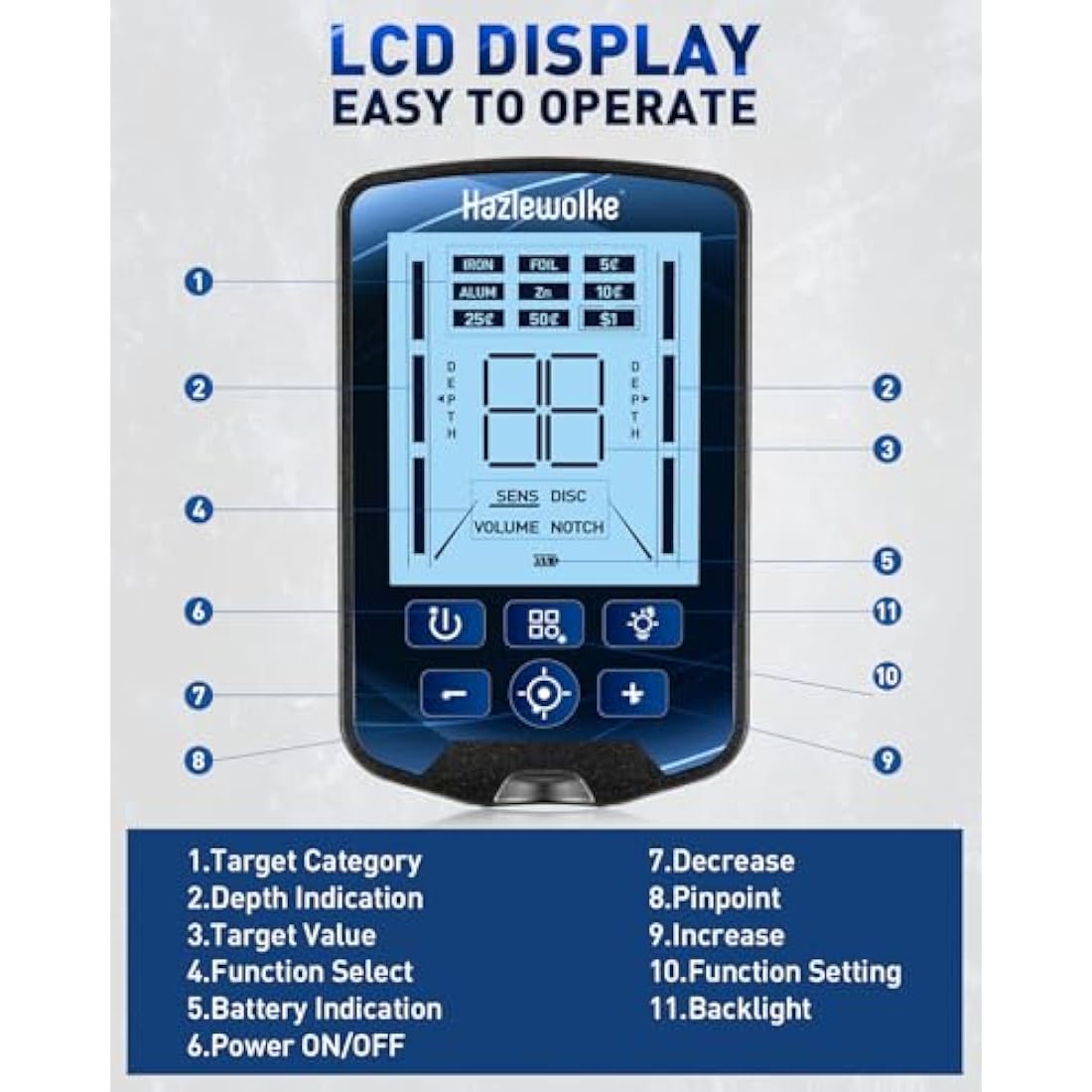 Hazlewolke Metal Detector for Adults, 13 inch Detection Depth, 14'' Waterproof & Wider Scanning Range DD Search Coil, Strong Anti-Interference, Professional Metal Detectors Kit with Pinpoint Mode