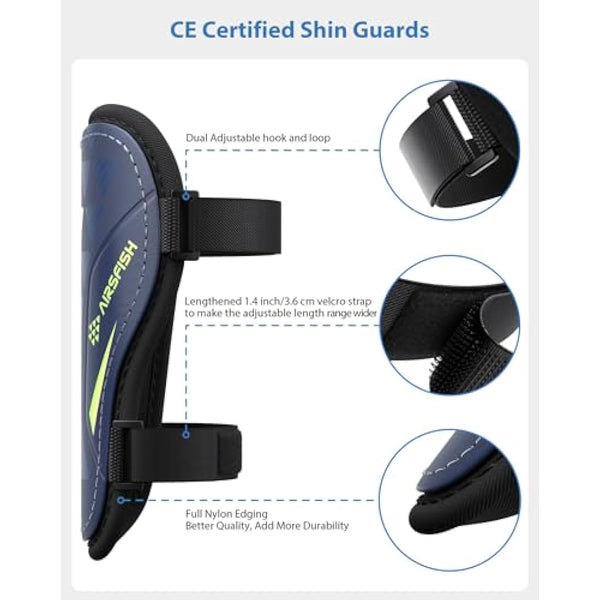 AirsFish Shin Pads Boys CE Certified Kids Football Shin Guards Breathable Non Slip Extended Adjustable Straps Lightweight Soccer Shin Pads for Boys Girls Teens Leg Calf Protective