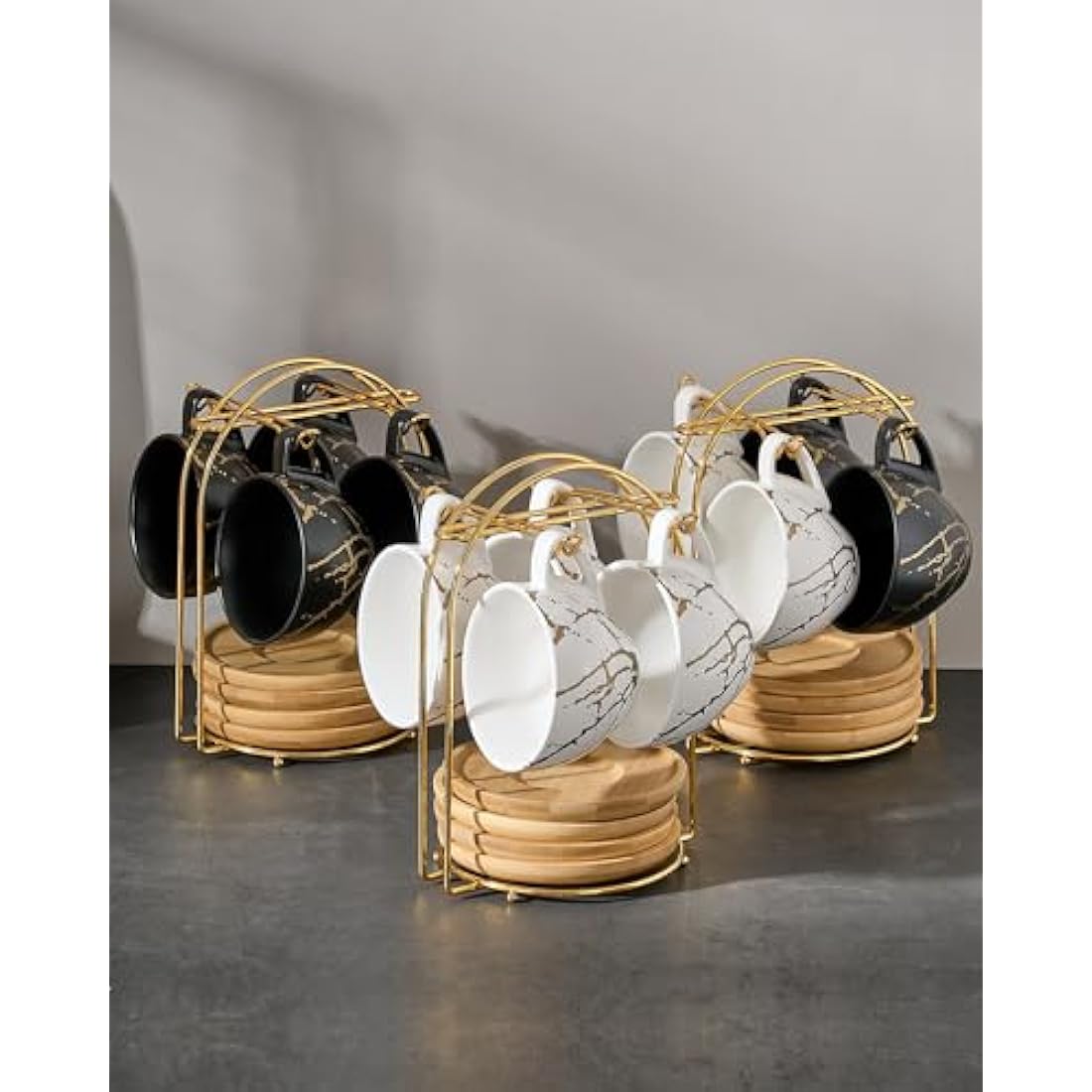 HOME DECOR Ceramic Cappuccino Cups Set of 4, 220ml Stackable Cappuccino Mugs and Saucer with Metal Stand for Coffee Lover, Cappuccino, Latte, Americano and Tea -White Golden