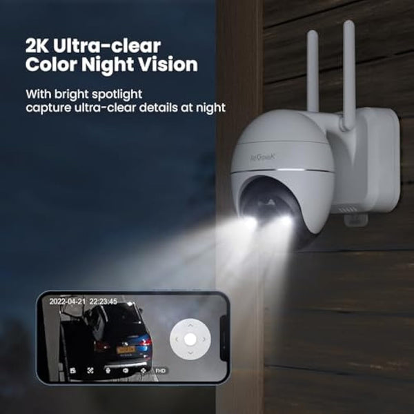 ieGeek 2K 360° Wireless Security Camera Outdoor with Color Night Vision, Rechargeable Battery CCTV Camera Systems, Home PTZ Wifi Camera, Motion Detection, Siren Floodlight,Voice Intercom,Remote Access