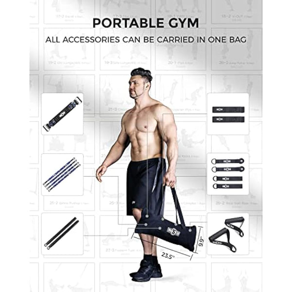 INNSTAR Portable Home Gym Set with Workout Bar, Bench Press Set, Squat Resistance Band, Door Anchor and More-Full Body Workout Equipment to Build Muscle and Shape Body