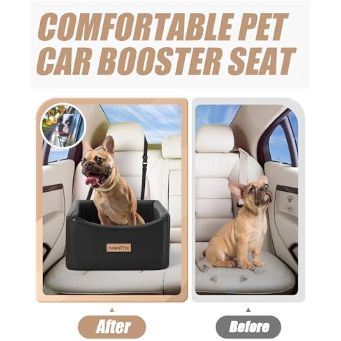 PAWBOSE Car Dog Seat for Small Medium Dogs up to 35lbs, Black Elevated Pet Car Seat with Dog Safety Belt, Waterproof Pet Car Travel Bed
