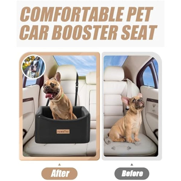 PAWBOSE Car Dog Seat for Small Medium Dogs up to 35lbs, Black Elevated Pet Car Seat with Dog Safety Belt, Waterproof Pet Car Travel Bed
