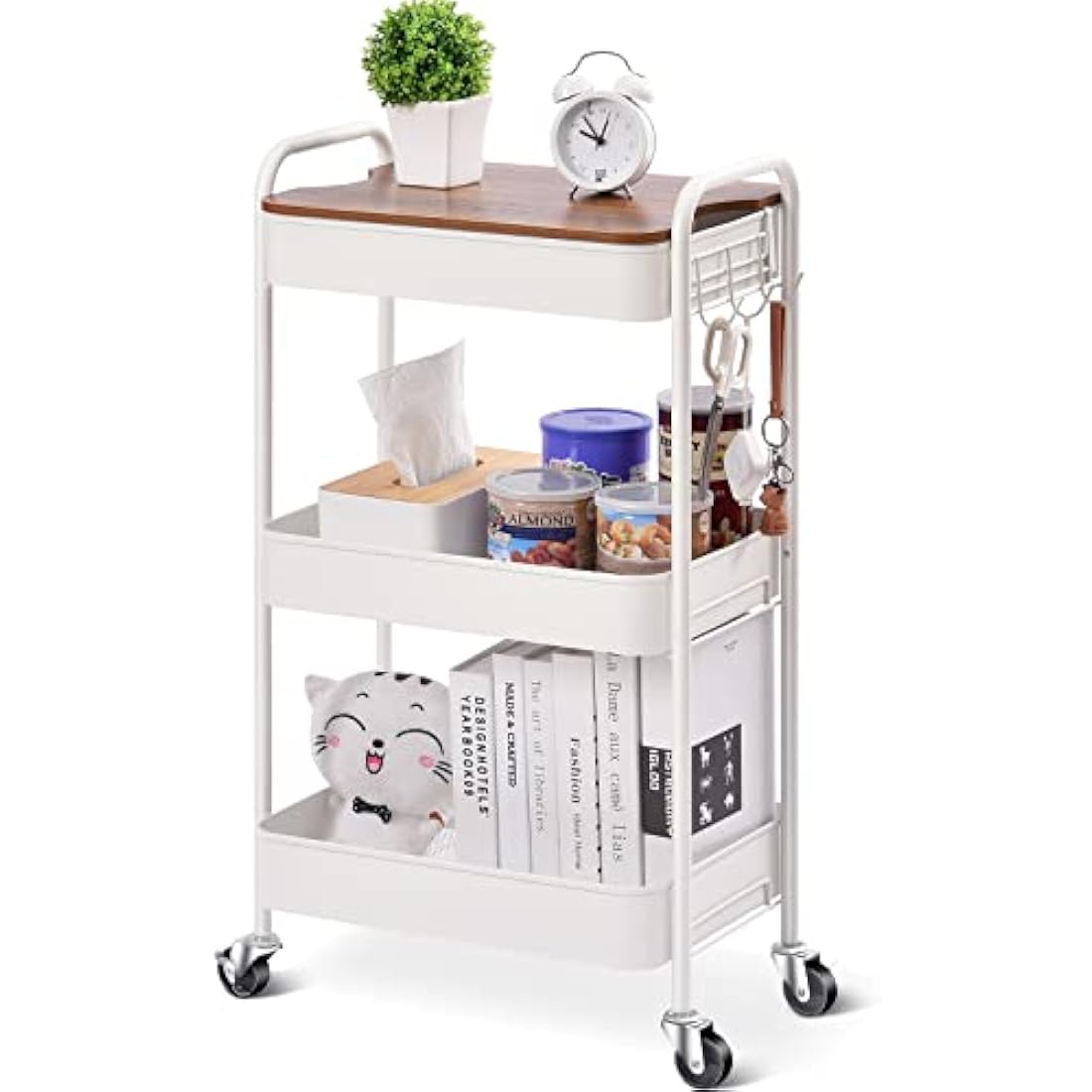 KINGRACK 3 Tier Metal Storage Trolley on Wheels with Removeable Wooden Worktop Trap Table Cover, Beauty Book Craft Tea Art Trolley for Home Bathroom Kitchen Laundry, No screws needed Easy