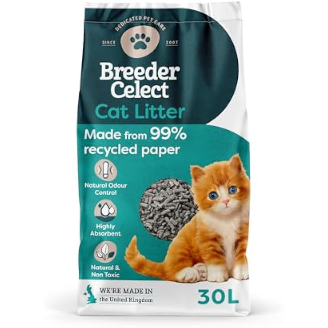 Breeder Celect All-Natural Cat Litter (30L) – 99% Recycled Paper, Highly Absorbent Kitten Cat Litter/Bedding, Excellent Odour Control, Non-Clumping, Biodegradable & Compostable