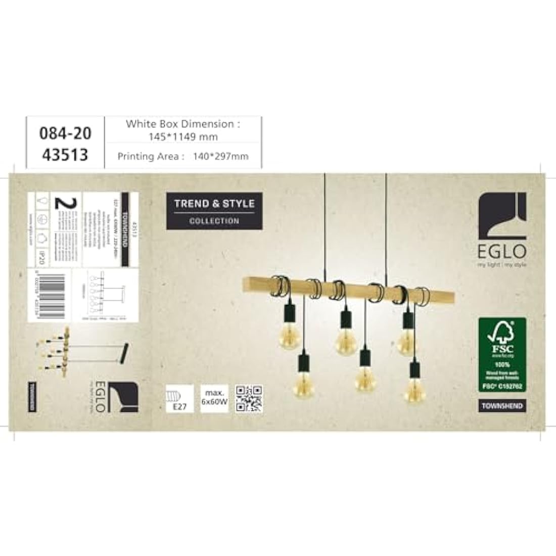 Eglo Pendant Lighting Townshend, 6 Light Vintage Hanging lamp in Industrial Design, Retro Ceiling Light Made of Black Metal and Natural Wood, FSC Certified, E27