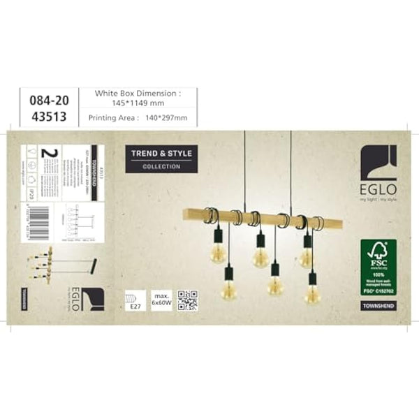 Eglo Pendant Lighting Townshend, 6 Light Vintage Hanging lamp in Industrial Design, Retro Ceiling Light Made of Black Metal and Natural Wood, FSC Certified, E27