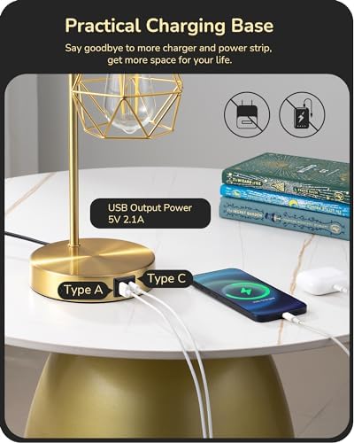 EDISHINE Bedside Lamps Set of 2, Dimmable LED Table Lamp, Diamond Cage Lampshade, USB Charging Ports, Touch Lamps for Living Room, Bedroom, E27 Socket, Bulb Included, Gold