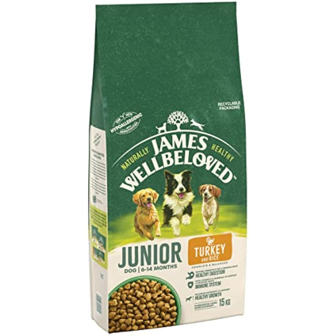 James Wellbeloved Junior Turkey & Rice 15 kg Bag, Hypoallergenic Dry Dog Food