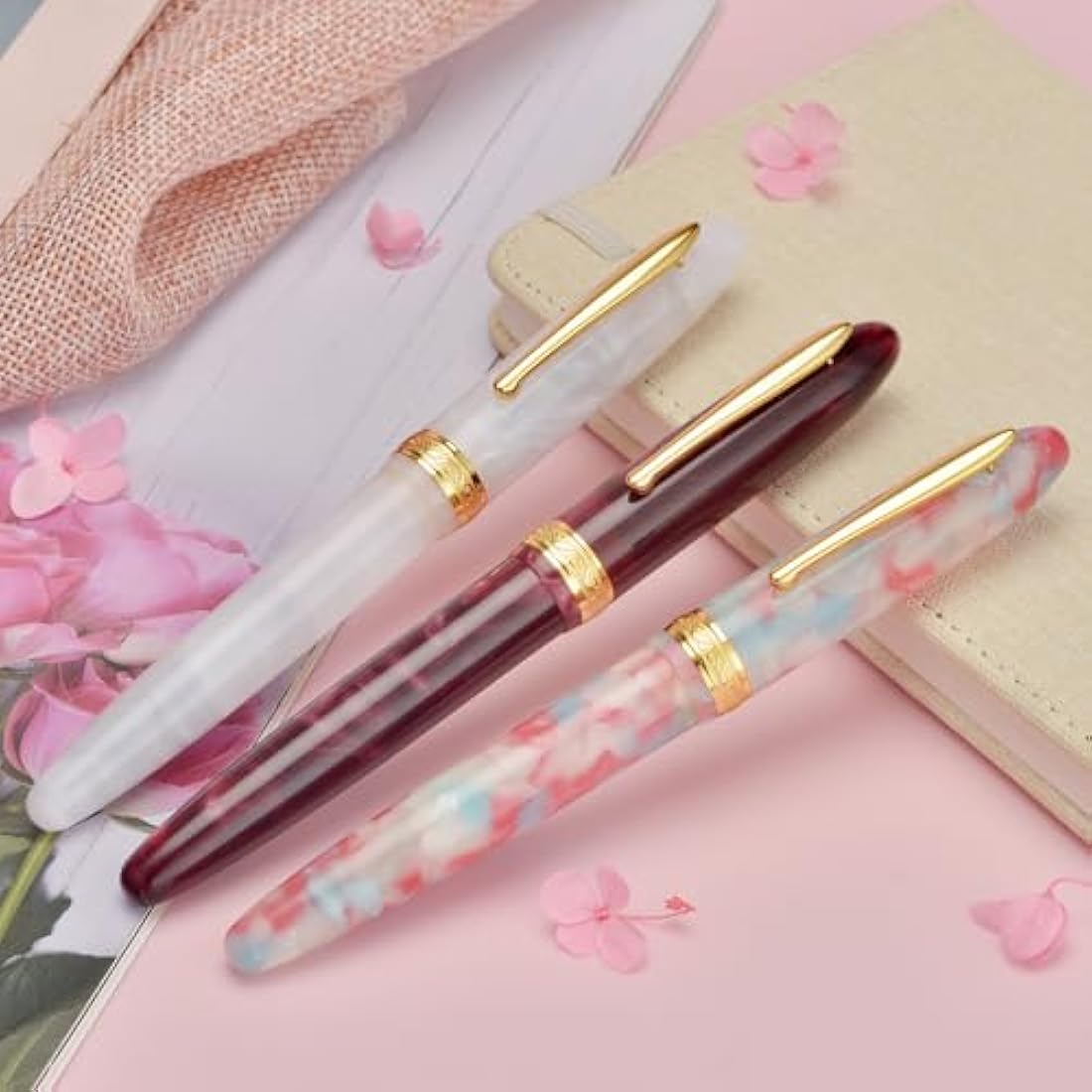 Hong Dian N9 Fountain Pen, Long Leaf Medium Point Gold Ornaments, Wine Red and Acrylic Design with Converter and Metal Pen Box