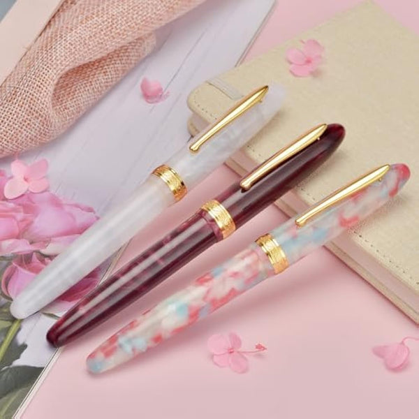 Hong Dian N9 Fountain Pen, Long Leaf Medium Point Gold Ornaments, Wine Red and Acrylic Design with Converter and Metal Pen Box
