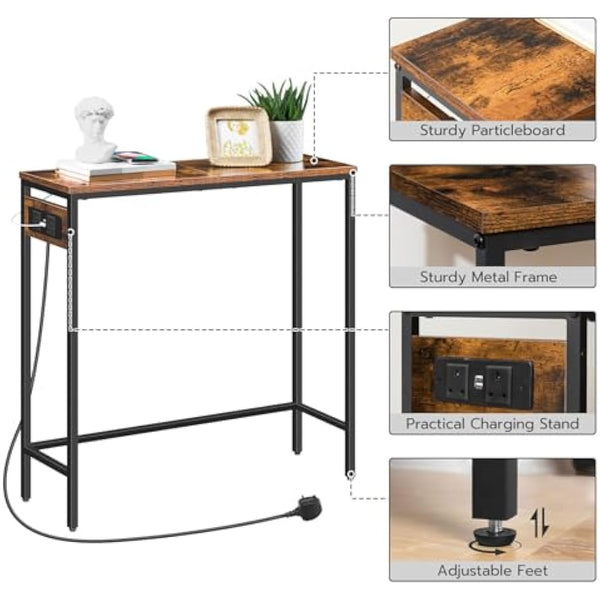 HOOBRO Console Table with Power Outlets, Slim Console Table with Charging Station, Hallway Table, Narrow Sofa Table for Small Space, Hallway, Entryway, Living Room, Rustic Brown and Black EBF75KXG01G1