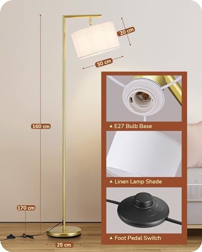 EDISHINE LED Floor Lamp, 63" Standing Lamp with Adjustable Linen Shade, Gold Metal Light Pole, Modern Simple Lamp for Living Room, Bedroom, Office, E27 Socket, 2700K LED Bulb Included