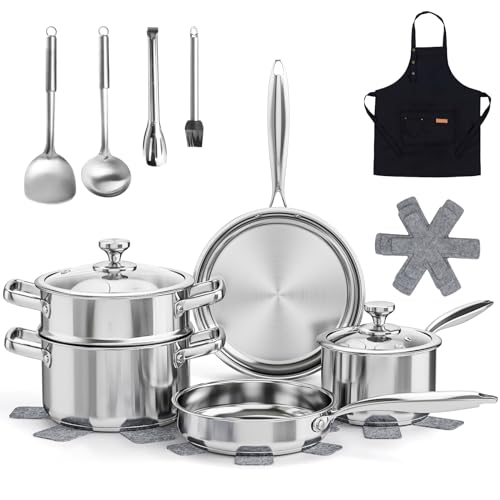 16-Piece Stainless Steel Saucepan Set, Induction Pots and Pans Set with Steamer & Glass Lids, Kitchen Cookware Set with Utensil Set Pot Protectors and