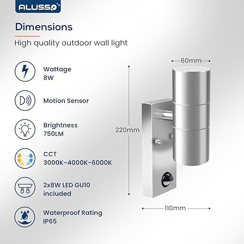 ALUSSO LED Outdoor Wall Light Motion Sensor,IP65 Stainless Steel Up Down Light Mains Powered,Warm White/Neutral White/Cool White Selectable,2x8W GU10 Included,Outside Sconce Wall Mounted for Porch