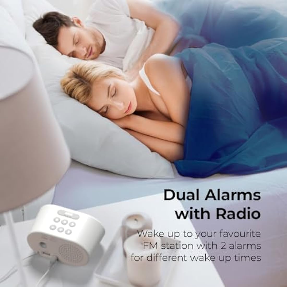 i-box Alarm Clocks Bedside, Radio Alarm Clock, Mains Powered or Battery, FM Radio, USB Charging Port, 5 Step Dimmable Display, Non Ticking, LED Display (White)