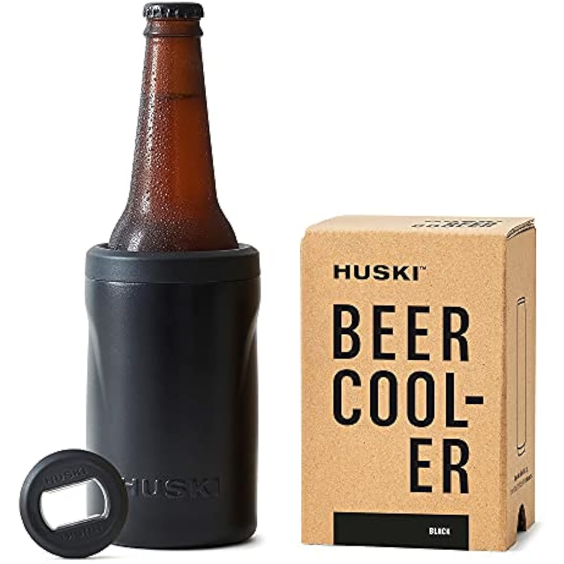 Huski Beer Cooler 2.0 | New | Premium Can and Bottle Holder | Triple Insulated Marine Grade Stainless Steel | Detachable 3-in-1 Opener | Works as a Tumbler | Best Gifts for Beer Lovers (Black)